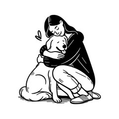 Simple Minimalist Black And White Illustration of a Woman Hugging Her Pet Dog
