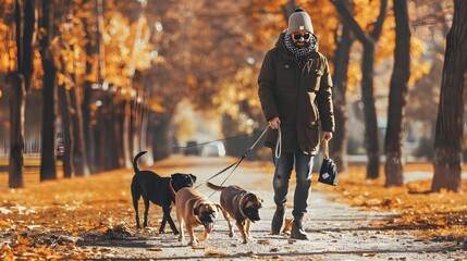 Dog walker enjoying with dogs while walking outdoors