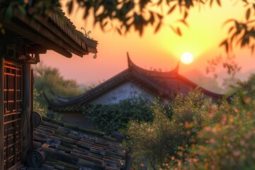 Fototapeta premium Serene sunset view over an asianstyle house with ambient nature surrounding it