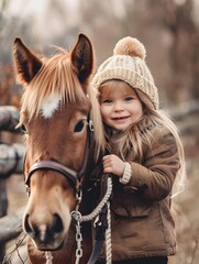 Fototapeta premium Cute little girl and her older sister enjoying with pony horse outdoors at ranch