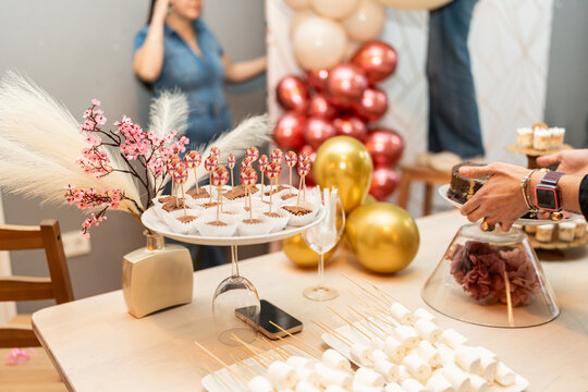 Close-up of sweet table for party.