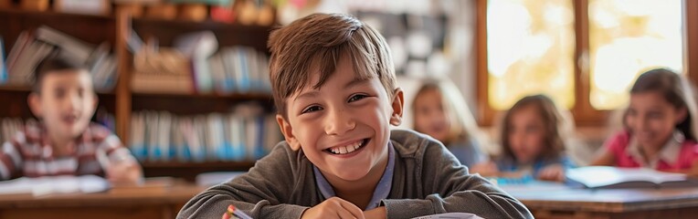 Cheerful young boy with a big smile participating in classroom activities, surrounded by classmates and books.