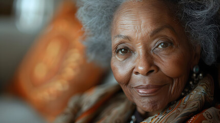 Close-up Portrait of a Senior Woman with a Blurry Cat in the Background