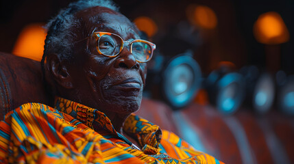 Close-up of a Man's Face with Blue and Orange Lights Reflecting in His Eyes