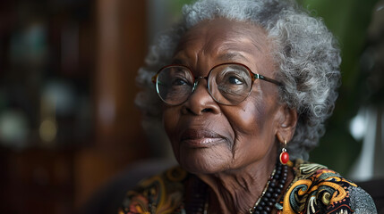 Close-up Portrait of an Elderly African American Woman with Gray Hair and Glasses