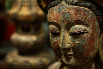 Closeup image of a vibrant antique wooden statue with intricate details from asia