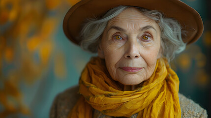 Smiling Elderly Woman Wearing a Yellow Scarf and Hat