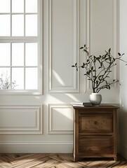 Classical chill interior with drawer and decor, window. Mockup frame