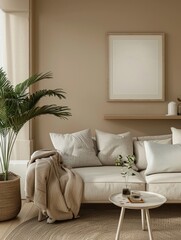 Domestic and cozy interior of living room with beige sofa, plants, shelf, coffee table, boucle rug, mock up poster frame, side table, plant and elegant decoration Beige wall. Home decor generative ai