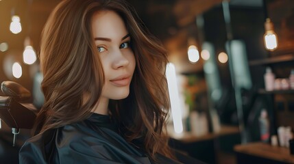 Fototapeta premium Beautiful young woman with perfect hairstyle satisfied after dyeing hair and making highlights in hair salon
