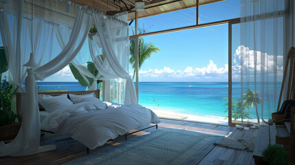 Fototapeta premium Luxurious hotel room with stunning turquoise ocean views