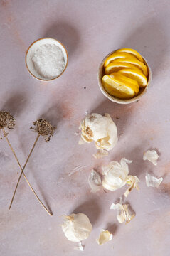 garlic, salt, lemon and garlic chive seeds