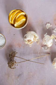 garlic, salt, lemon and garlic chive seeds