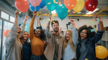 A diverse group of friends is celebrating together, filled with joy and excitement, holding balloons and surrounded by confetti and happiness. The party is full of happiness and unity