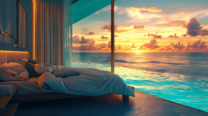 Luxurious hotel room with stunning ocean views at sunset