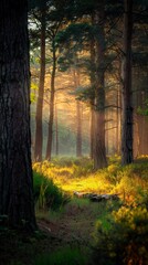 Fototapeta premium Thick Forest Landscape Filled With Trees and Grass