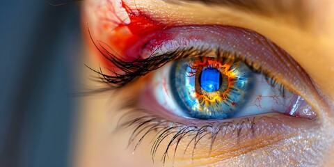 Close-up Photo of Eye Showing Red Swelling and Hemorrhage, with Green-Blue Iris and Conjunctivitis. Concept Eye Health, Swollen Eye, Hemorrhage, Iris Color, Conjunctivitis