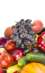 Set of vegetables and fruits isolated on a white. Vertical photo There is free space for text.