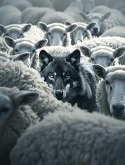 A wolf hiding among a flock of sheep, leading the way or waiting for the right moment to act - Concept of identity and difference, of being unique among others, or metaphor for hidden risk and danger
