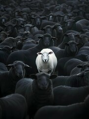 A white sheep among a flock of black sheep, raising head as a leader - Concept of standing out from the crowd, of being different and unique with its own identity and special skills among the others 