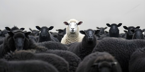 A white sheep among a flock of black sheep, raising head as a leader - Concept of standing out from...