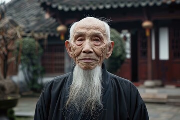 Portrait of a serene elderly man with a long white beard, dressed in traditional clothes, with an ancient building backdrop