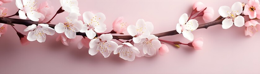 Fototapeta premium Blooming cherry blossoms branch against a soft pink background. Floral long banner.