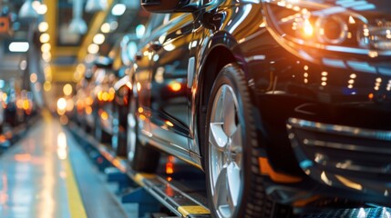 Shiny black cars are aligned on an assembly line in a brightly lit factory. The reflective surfaces and precision machinery highlight a modern automotive manufacturing process.