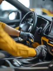 A man cleaning car interior, car detailing (or valeting) concept. Selective focus