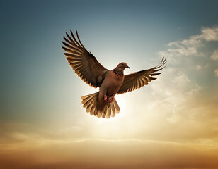 Obraz premium A white dove, symbolizing the Holy Spirit, soars in a sunlit church with a cross in the background. The dove's wings are outstretched, and its body glows with divine light. The image evokes a sense of