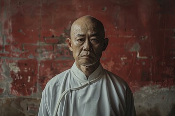 Serene mature monk in traditional white clothing stands against a textured red wall