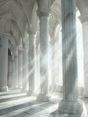 Fototapeta premium A grand interior with white marble columns, bathed in light from an ethereal glow, evoking a sense of serenity and majesty