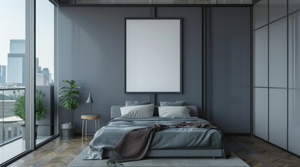 Minimalistic mockup frame in a 3D rendered contemporary bedroom (copy space, modern interior, dynamic, Composite, urban loft backdrop)