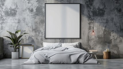Minimalistic mockup frame in a 3D rendered contemporary bedroom (copy space, modern interior, dynamic, Composite, urban loft backdrop)