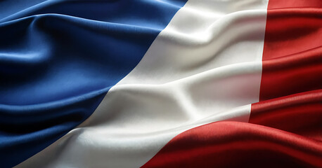 Obraz premium A close-up of the French flag, showcasing the vibrant blue, white, and red colors in a silky, flowing fabric. The folds and creases in the material add depth and texture to the iconic tricolor design