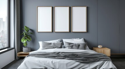 Mockup frame against a grey wall in a hotel bedroom with bed and wardrobe setup (focus on, modern interior, whimsical, Manipulation, stylish suite backdrop)