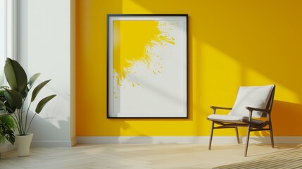 Mockup picture frame on a minimalist wall with a splash of yellow theme (focus on, interior decor, dynamic, Double exposure, modern living room backdrop)