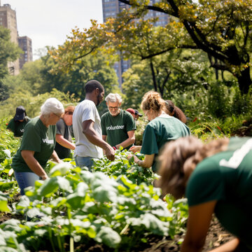 Group of Volunteers working together on urban garden in the city