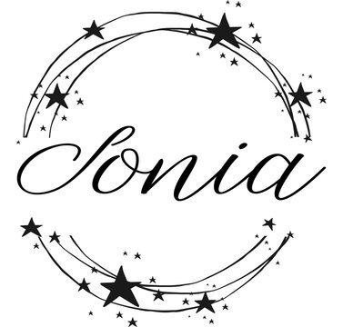 Sonia - name written between circles and stars, round logo, vector graphics for parties and Christmas period, banners, cards, sweatshirt, prints, cricut, silhouette, sublimation