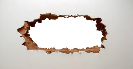 A large, irregularly shaped hole in a white wall, revealing the wooden structure beneath.