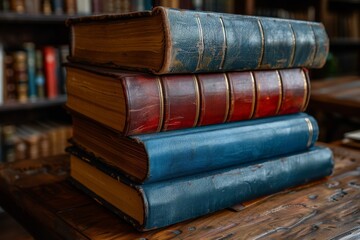 A Stack of Books on Wooden Table