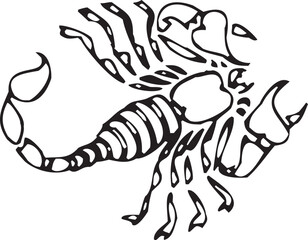 black and white illustration of a scorpian
