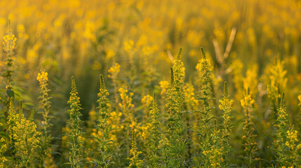 Obraz premium Blooming ragweed causes allergies and sneezing in sensitive people during the warm season