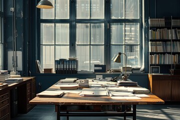 A desk with a lamp and a stack of papers