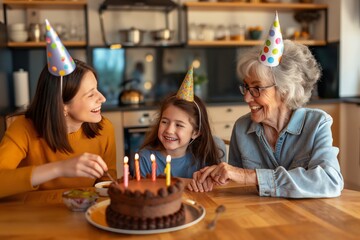 Three generations gather in a cozy kitchen to celebrate a birthday with a chocolate cake, sharing laughter and happy moments, creating fond memories and strengthening family bonds - Powered by Adobe