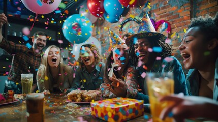 A diverse group of friends are happily celebrating a vibrant birthday with balloons and confetti, capturing the joyful moment with laughter and smiles in a festive and cheerful atmosphere