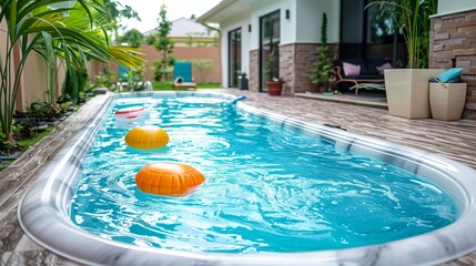 A fiberglass pool with blue clear water and floating inflatable balls in the courtyard of a mini hotel or cottage in the summer. Backyard of a private house with many green plants and sun loungers.