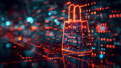 A digital landscape showing a stream of data leading to a virtual shopping bag, online shopping, dynamic and dramatic compositions, with copy space
