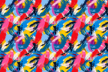 Abstract seamless pattern with bold, colorful brushstrokes in red, blue, pink, and yellow, perfect for modern and artistic decoration and ornamental tile designs