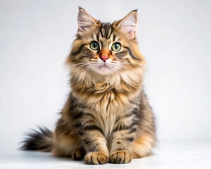 Siberian breed cat sitting isolated on white background looking at camera.